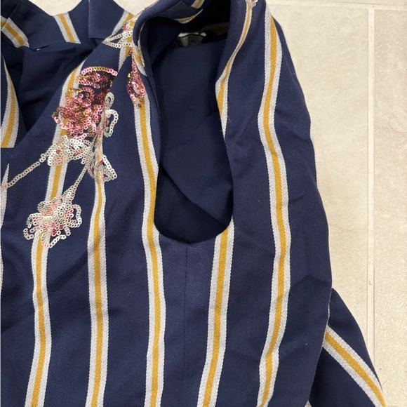 BCBGMaxAzria Crop Top Cap-Sleeve in Striped Floral Sequined Blue Yellow Size M - Picture 6 of 10